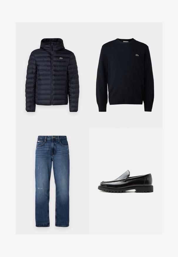 Marineblaue gepolsterte Jacke mit Kapuze, ausgestattet mit einem Frontreißverschluss und elastischen Bündchen. Strukturierte Oberfläche mit horizontalen Nähten und einem Logo-Detail.; Marineblauer Rundhalsausschnitt-Pullover aus weichem Material mit gerippten Bündchen und Saum. Kleines grünes Lacoste-Logo auf der Brust.; Blaue Denim-Jeans mit geradem Bein. Sie verfügen über ausgewaschene Bereiche und leichte Abnutzungsspuren auf der Vorderseite sowie einen klassischen Knopfverschluss.; Schwarzer Lederloafer mit grober Gummisohle, genähter Oberseite und geprägtem Markennamen an der Ferse, seitlich auf weißem Hintergrund gezeigt.