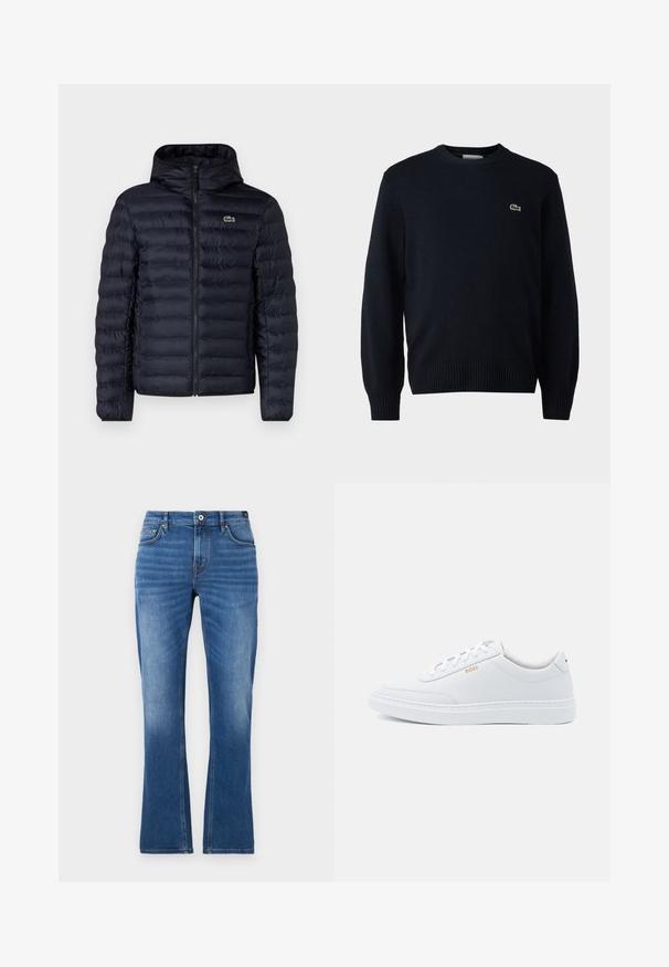 Chaqueta acolchada navy con capucha, que cuenta con un cierre frontal y puños elásticos. Acabado texturizado con costuras horizontales y un acento de logo.; Sudadera de cuello redondo en color marino, hecha de material suave, con puños y dobladillo acanalados. Pequeño logo verde de Lacoste en el pecho.; Vaqueros acampanados de mezclilla en azul medio. Presentan un diseño de cinco bolsillos, detalles cosidos, un cierre de botón y una textura ligeramente desgastada en las piernas.; Zapatillas de cuero blanco con textura suave, puntera redondeada y costuras tonales. Cuentan con cordones azules y un logo dorado en el lateral.