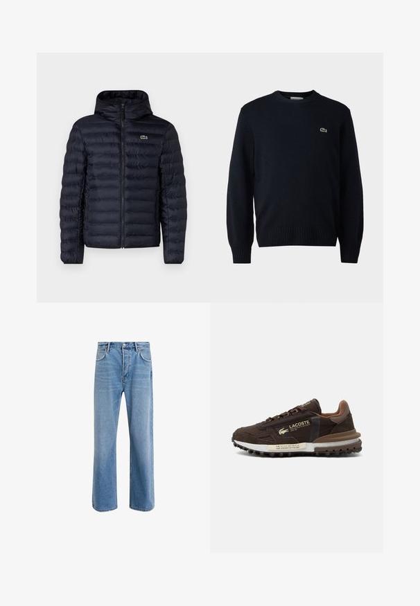 Tumesinine polsterdatud jakk kapuutsiga, esiosa tõmblukuga ja elastsete mansettidega. Tekstuuriga pind horisontaalse õmblusega ja logomärgisega.; Tumed crew-neck kampsun, mis on valmistatud pehmest materjalist, ribaga varrukate ja alläärge. Rindkere peal väike roheline Lacoste logo.; Heledad sinine teksapüksid otse lõikega, viie taskuga, nupuga sulgemine, minimaalne kulumine ja kontrastsed õmbluse detailid.; Pruun Lacoste vabaajajalats segatud seemisnahast ja kangast, tekstureeritud tallaga, logoga ja trükitud tekst külje- ning vahetallal.