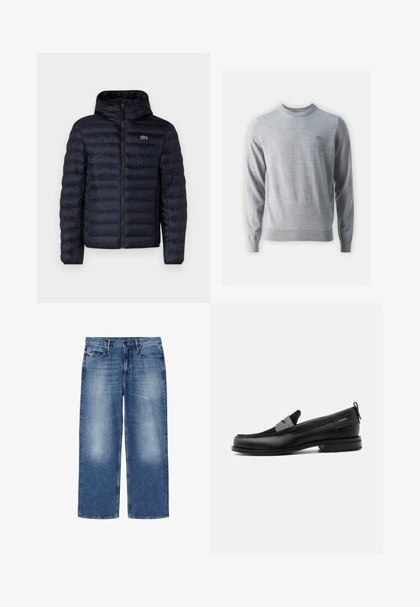 Marineblå polstret jakke med hætte, der har en frontlynlås og elastiske manchetter. Teksturfinish med vandret søm og en logo accentering.; Grå strikket sweater med lange ærmer, rund hals og ribbede manchetter. Har et lille broderet logo på venstre bryst. Glat tekstur.; Blåtonede straight-leg denimjeans med fem lommer og knaplukning, vist fladt på hvid baggrund.; Sort læderloafer med grå remdetalje, lav hæl og tekstureret sål, mærket med "HUGO" i guld på siden.