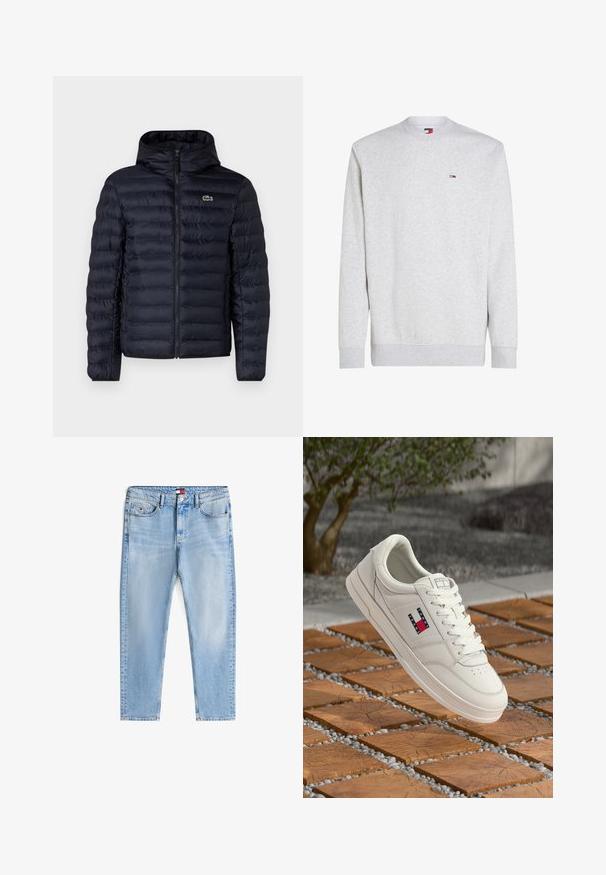 Marineblaue gepolsterte Jacke mit Kapuze, ausgestattet mit einem Frontreißverschluss und elastischen Bündchen. Strukturierte Oberfläche mit horizontalen Nähten und einem Logo-Detail.; Grauer Pullover aus einem Baumwollmix, mit rundem Halsausschnitt, gerippten Bündchen und Saum sowie einem kleinen Markenlogo auf der Brust.; Helleblaue, lässig geschnittene Jeans mit fünf Taschen, Knopfverschluss und dezenter Waschung, auf einem weißen Hintergrund flach ausgelegt.; Weißer Ledersneaker mit flacher Sohle, versehen mit einem kleinen Logo in Rot, Weiß und Blau. Schlichtes Design mit rundem Zehenbereich und schnürbarem Vorderteil.