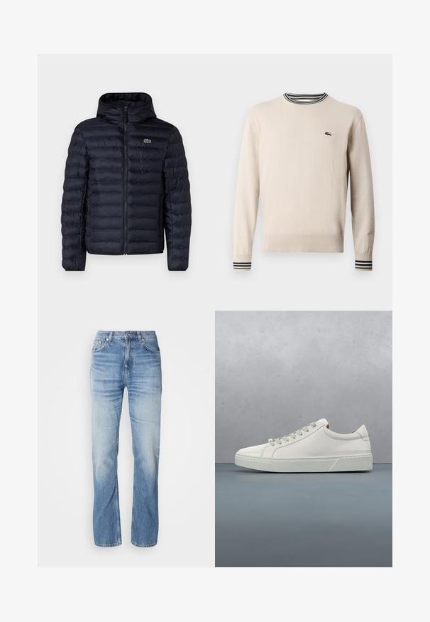 Marine gewatteerde jas met capuchon, voorzien van een rits aan de voorkant en elastische manchetten. Getextureerde afwerking met horizontale stiksels en een logo-accent.; Beige trui van gebreide stof, met een ronde halslijn, geribbelde manchetten met zwarte en groene strepen, en een klein logo op de borst.; Lichtblauwe denim jeans met een recht gesneden pijp, vervaagde afwerking, vijf zakken en een knoopsluiting. Klassiek ontwerp en gemiddelde dikte.; Witte leren sneaker met een ronde neus, minimalistisch ontwerp, grijze veters en een gestructureerde grijze rubberen zool. Fijne stikdetails zichtbaar.