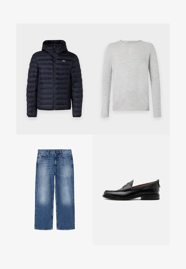 Chaqueta acolchada navy con capucha, que cuenta con un cierre frontal y puños elásticos. Acabado texturizado con costuras horizontales y un acento de logo.; Camisa de manga larga gris hecha de un tejido suave y texturizado, con cuello redondo y corte recto, sin patrones o acentos visibles.; Vaqueros azules desvaídos de corte recto con cinco bolsillos y cierre de botones, mostrados planos sobre fondo blanco.; Mocasín de hombre de piel negra con costura moc toe, tira penny, cuello texturizado y tacón bajo apilado sobre fondo blanco.