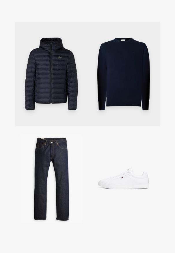 Marine gewatteerde jas met capuchon, voorzien van een rits aan de voorkant en elastische manchetten. Getextureerde afwerking met horizontale stiksels en een logo-accent.; Navyblauwe trui met lange mouwen, gemaakt van zachte, gladde stof, met een ronde halslijn en aansluitende manchetten. Minimalistisch ontwerp, zonder patronen.; Donkerblauwe denim jeans met een rechte pijp, oranje stiksels en stijl met vijf zakken, voorzien van een metalen knoopsluiting.; Witte sneakers van synthetisch leer met een platte zool, ronde neus en zes veterogen. Bevat een klein logo aan de zijkant.