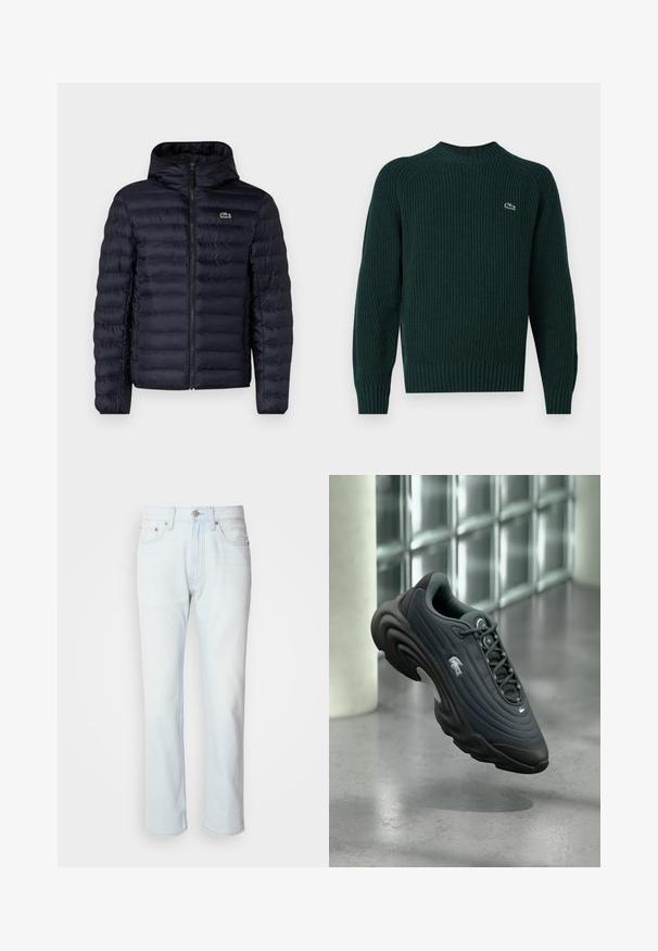 Chaqueta acolchada navy con capucha, que cuenta con un cierre frontal y puños elásticos. Acabado texturizado con costuras horizontales y un acento de logo.; Suéter de punto verde oscuro con cuello redondo, puños y dobladillo acanalados, que presenta un pequeño logo bordado en el lado izquierdo del pecho.; Jeans de mezclilla azul claro con corte recto. Cuentan con un cierre de botón y pasadores para cinturón, mostrando una textura desgastada y costuras mínimas.; Zapatilla deportiva gris oscuro con parte superior texturizada, diseño redondeado y logo blanco destacado. Cuenta con suela ligera y sistema de cordones.