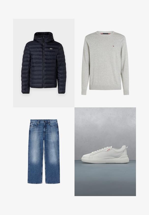 Marine gewatteerde jas met capuchon, voorzien van een rits aan de voorkant en elastische manchetten. Getextureerde afwerking met horizontale stiksels en een logo-accent.; Lichtgrijze trui met ronde hals, lange mouwen en klein rood-wit-blauw logo op de linkerborst.; Blauw vervaagde rechte spijkerbroek met vijf zakken en knoopsluiting, plat liggend afgebeeld op een witte achtergrond.; Witte sneaker met een gladde leren afwerking, ronde neus, vier veterogen, subtiele perforaties en een rood logo detail aan de zijkant.