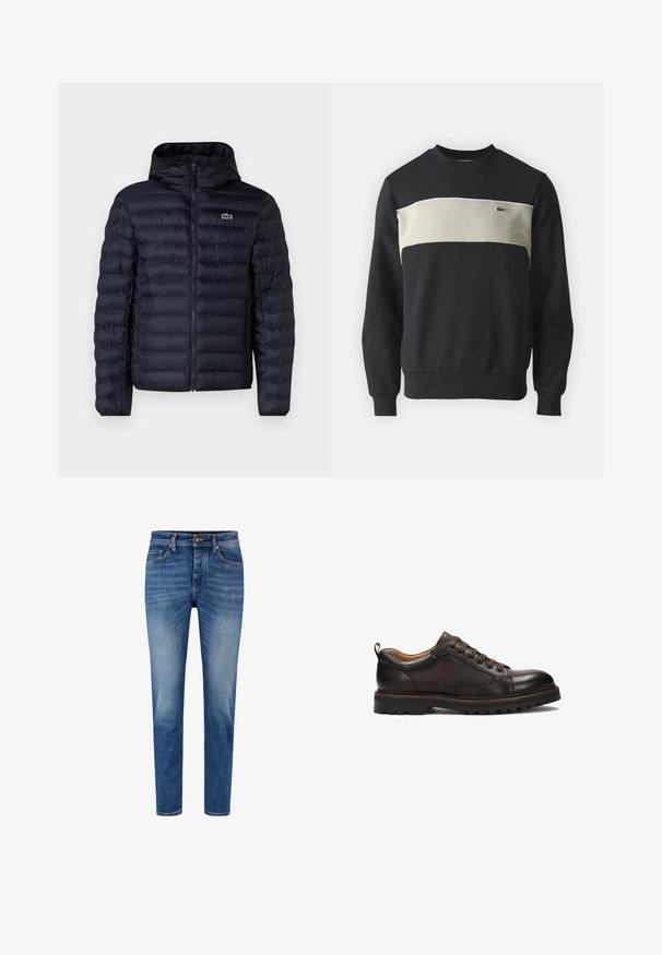 Marine gewatteerde jas met capuchon, voorzien van een rits aan de voorkant en elastische manchetten. Getextureerde afwerking met horizontale stiksels en een logo-accent.; Zwarte sweatshirt met een beige horizontale band, rib gebreide manchetten en halslijn. Heeft een klein groen logo op de borst. Zacht katoenmateriaal.; Lichtblauwe denim jeans met een slim fit, voorzien van een klassieke vijf-pocketontwerp, knoopsluiting en subtiele vervaging langs de benen.; Bruine leren schoen met een gladde afwerking, ronde neus en een vetersluiting met 6 gaatjes. Inclusief een geperforeerde zool voor grip en duurzaamheid.