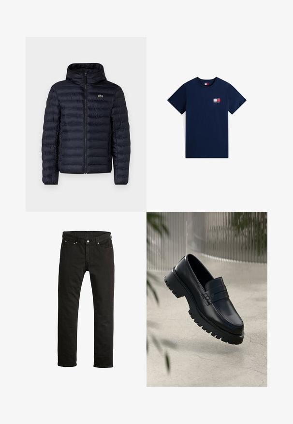 Marine gewatteerde jas met capuchon, voorzien van een rits aan de voorkant en elastische manchetten. Getextureerde afwerking met horizontale stiksels en een logo-accent.; Marineblauwe katoenen T-shirt met korte mouwen en een ronde hals. Voorzien van een kleine logoafdruk op de linkerkant van de borst in rood, wit en blauw.; Zwarte denim jeans met een rechte pasvorm, ontwerp met vijf zakken, metalen knoopsluiting en subtiele stikdetails. Gladde textuur.; Zwarte leren instappers met een chunky loopzool, voorzien van een decoratieve band en stikseldetails. Gladde textuur met een gepolijste afwerking.