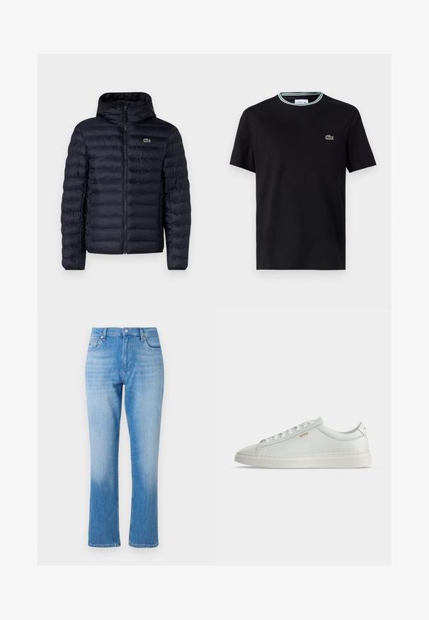Marine gewatteerde jas met capuchon, voorzien van een rits aan de voorkant en elastische manchetten. Getextureerde afwerking met horizontale stiksels en een logo-accent.; Zwarte katoenen t-shirt met ronde hals, voorzien van een witte en groene gestreepte afwerking en een geborduurd groen krokodillenlogo op de linkerborst.; Lichtblauwe spijkerbroek met een recht pootontwerp, voorzien van een klassieke vijf-pocketstijl, knoopsluiting en subtiele vervaging dicht bij de zoom.; Witte lage leren sneaker met veters, platte zool en klein gouden "BOSS" logo aan de zijkant, gezien vanaf de buitenkant.