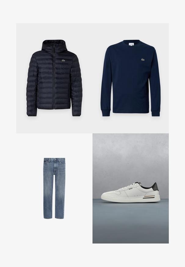 Marine gewatteerde jas met capuchon, voorzien van een rits aan de voorkant en elastische manchetten. Getextureerde afwerking met horizontale stiksels en een logo-accent.; Marineblauw langemouwen t-shirt van katoen, met een ronde hals en een klein groen krokodil logo op de linkerborst.; Blauwe spijkerbroek met rechte pijpen, voorzakken, riemlussen en een knoopsluiting.; Witte lage sneaker met zwarte hiel, vetersluiting, subtiele perforaties en het "BOSS" logo aan de zijkant, getoond vanuit het zijprofiel.