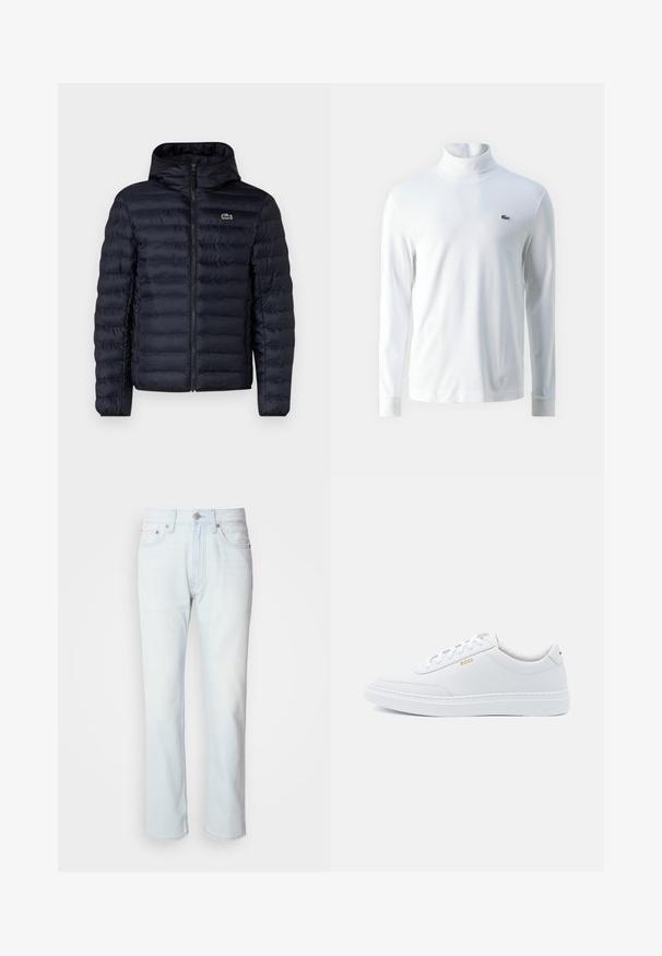 Marineblå polstret jakke med hætte, der har en frontlynlås og elastiske manchetter. Teksturfinish med vandret søm og en logo accentering.; Hvid langærmet turtleneck trøje lavet af blødt stof, med et lille grønt broderet logo på brystet og tætsiddende mancher.; Lyseblå denimjeans med lige ben. Har en knaplukning og bæltestropper, viser en falmet tekstur og minimal syning.; Hvide lædersneakers med glat tekstur, rund tå og ton-i-ton syning. Har blå snørebånd og et gult logo på siden.