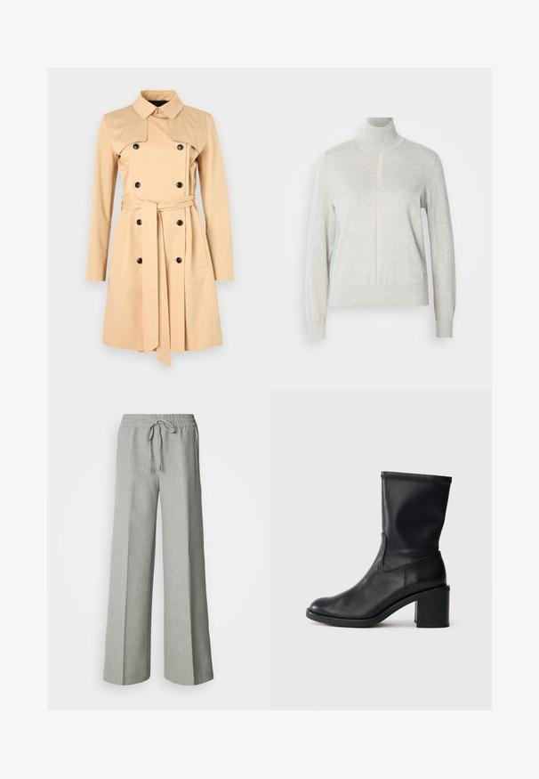 Manteau beige à double boutonnage, avec un large col et une ceinture assortie. Fabriqué en tissu lisse, avec des manches longues et des poches.; Pull léger gris avec un col haut et une fermeture éclair quart. Fabriqué à partir d'un matériau doux et texturé, il présente des manches longues et un ourlet ajusté.; Pantalon ample gris clair avec taille élastique et cordon de serrage, poches avant, et tissu texturé subtil.; Botte en cuir noir à cheville avec un bout rond, texture lisse et un talon épais, présentant un tige ajustée et un subtil détail de couture.