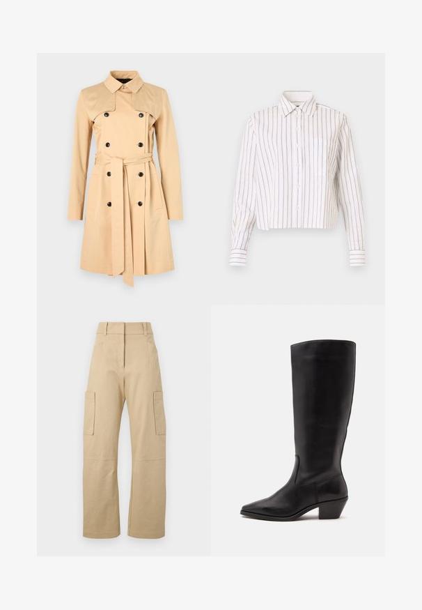 Manteau beige à double boutonnage, avec un large col et une ceinture assortie. Fabriqué en tissu lisse, avec des manches longues et des poches.; Chemise rayée blanche avec de fines rayures brunes. Elle a un col pointu, des manches longues et une poche poitrine. Longueur courte.; Pantalons cargo beiges en coton, avec une taille haute, des jambes larges, deux poches latérales et deux grandes poches cargo sur les cuisses.; Botte en cuir noire mi-mollet avec un bout pointu et un talon bas incliné sur un fond clair uni.