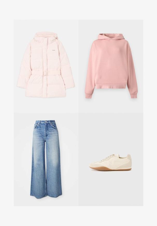 Chaqueta acolchada rosa con cuello alto, capucha ajustable, cintura con cinturón y detalle sutil del logo. Tejido suave y ligero con un diseño acolchado.; Sudadera con capucha rosa suave de manga larga, sin bolsillo delantero, con puños y dobladillo acanalados, extendida sobre un fondo gris claro.; Jeans de pierna ancha hechos de denim azul claro, con una cintura alta, diseño de cinco bolsillos, lavado desgastado y dobladillo deshilachado.; Zapatillas deportivas color beige claro con parte superior de cuero texturizado, paneles laterales texturizados y suela de goma. Presentan un diseño elegante y estilizado con cordones planos.