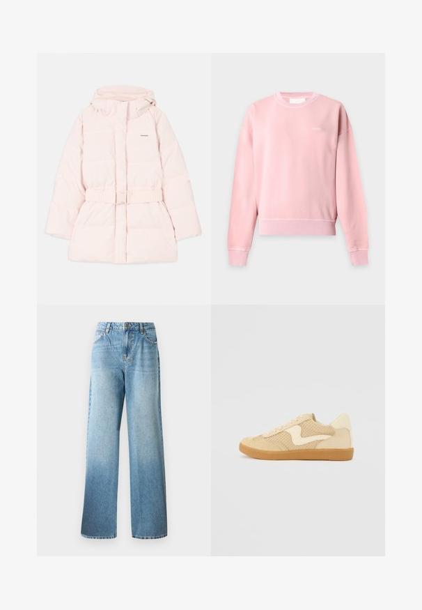 Gevoerde roze jas met een hoge kraag, verstelbare capuchon, riem in de taille en subtiele logo-details. Glad, lichtgewicht materiaal met een gewatteerd ontwerp.; Lichtroze sweatshirt met lange mouwen en ronde hals, met geribbelde manchetten en zoom, kleine witte "CLOSED" tekst op de linkerborst.; Lichtblauwe denim jeans met een losse pasvorm, rechte pijpen en subtiele versieringen. Beschikt over het traditionele vijf-pocket ontwerp en riemlussen.; Beige sneaker van suede en mesh materialen, ronde vorm, opvallende gepolsterde kraag en een gumrubberen zool. Kenmerkt zich door een golvend ontwerp accent.