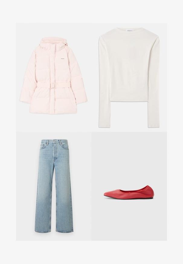 Veste rose rembourrée avec un col montant, une capuche ajustable, une taille ceinturée et un détail de logo subtil. Tissu lisse et léger avec un design matelassé.; Haut à manches longues blanc en coton, dotée d'un col ras du cou simple et d'une coupe ajustée. Le tissu est lisse avec une légère élasticité.; Jean large coupe pattes d'éléphant bleu clair en tissu denim avec une taille haute. Comprend cinq poches, une fermeture à bouton, et une texture subtilement délavée.; Filippa K REY FLATS - Ballerines - bright red