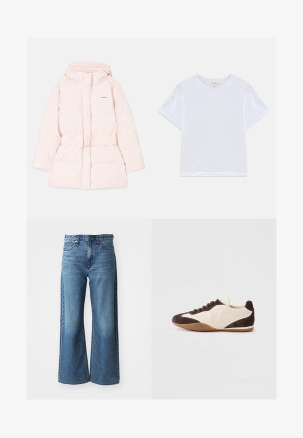 Chaqueta acolchada rosa con cuello alto, capucha ajustable, cintura con cinturón y detalle sutil del logo. Tejido suave y ligero con un diseño acolchado.; Camiseta blanca corta hecha de algodón suave, con un cuello redondo y mangas cortas, y un corte ligeramente holgado. Sin patrones ni acentos.; Jeans de mezclilla azul de pierna ancha con una cinturilla de altura media, cinco bolsillos y un ligero desvanecimiento. Las características incluyen presillas para el cinturón y detalles de costura.; Zapatilla marrón y crema que combina materiales texturizados y lisos, perfil bajo, diseño con cordones y suela de goma.