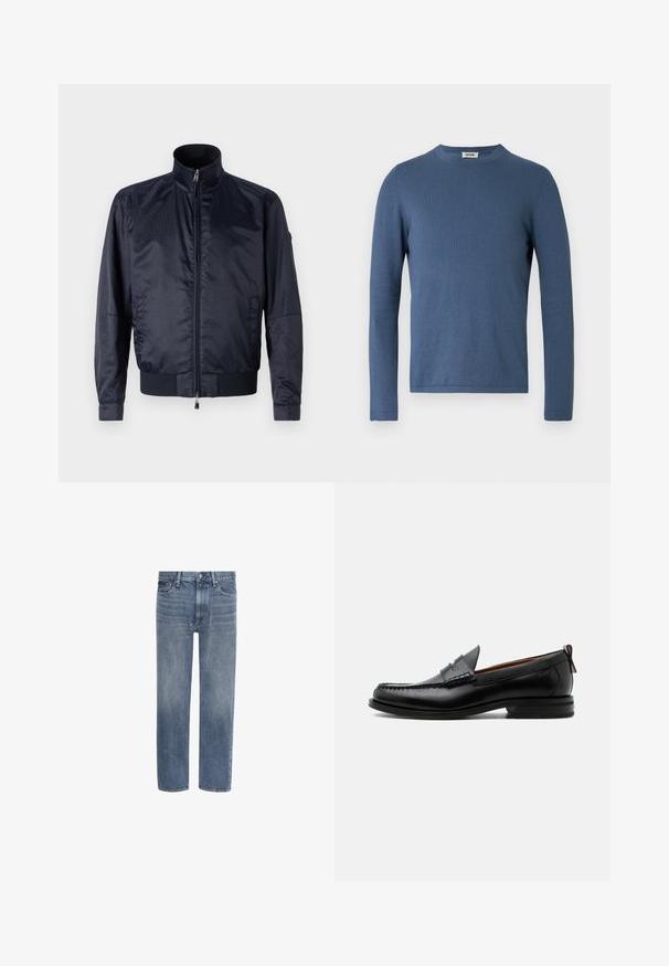 Marineblaue Jacke mit Reißverschluss vorne, hohem Kragen, strukturiertem Oberflächen, elastischen Bündchen und Saum; enthält Seitentaschen und dezente Branding-Details.; Blauer Langarmpullover aus weichem, strukturiertem Stoff. Verfügt über einen runden Ausschnitt und ein figurbetontes Design mit minimalen Steppnähten.; Gerade geschnittene blaue Denim-Jeans mit Vordertaschen, Gürtelschlaufen und Knopfverschluss.; Schwarzer Leder-Herrenschuh mit Mokassinnaht, Penny-Riemen, strukturiertem Kragen und niedrigem gestapeltem Absatz auf weißem Hintergrund.