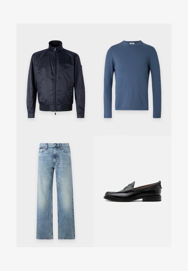 Marineblå, lynlåsfunktion jakke med høj krave, tekstureret overflade, elastiske manchetter og talje; inkluderer sidelommer og subtil brandingdetalje.; Blå langærmet sweater lavet af blødt, tekstureret stof. Har rund halsudskæring og en tætsiddende pasform med minimale syningsdetaljer.; Lyseblå denim jeans med lige ben, højt talje, fem lommer, knaplukning og diskrete falmede områder på lår og knæ.; Sort læder herre loafer med moc-tå syning, penny strop, struktureret krave og lav stablet hæl på hvid baggrund.