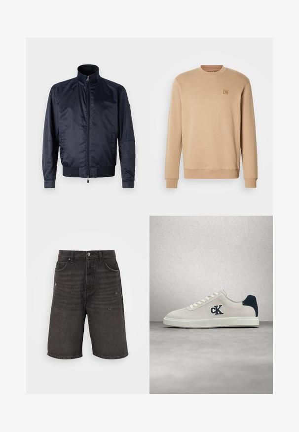Marineblå, lynlåsfunktion jakke med høj krave, tekstureret overflade, elastiske manchetter og talje; inkluderer sidelommer og subtil brandingdetalje.; Beige sweatshirt lavet af blødt bomuldsblandingsmateriale, har rund hals, lange ærmer og et lille firkantet logo-patch på venstre bryst.; Sorte denim shorts med afslappet pasform, der har frontlommer, en slidt tekstur og et klassisk taljebånd med en enkelt knaplukning.; Hvid ruskindssneaker med marineblå detaljer, rund tå, flade snørebånd, struktureret overdel og en fremtrædende logo på siden. Glat gummisål.