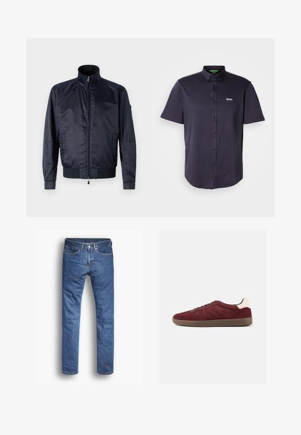 Marineblaue Jacke mit Reißverschluss vorne, hohem Kragen, strukturiertem Oberflächen, elastischen Bündchen und Saum; enthält Seitentaschen und dezente Branding-Details.; Kurzärmeliges Poloshirt in Dunkelblau aus glattem Baumwollmischgewebe, mit einem Button-Down-Kragen und dem gestickten "BOSS"-Logo auf der Brust.; Denim-Jeans in einer mittelblauen Waschung mit geradem Bein, ausgestattet mit fünf Taschen, einem Knopf- und Reißverschluss und subtilen Stichakzenten.; Bordeauxrote Veloursledersneaker mit Schnürung vorne, strukturierten seitlichen Details und hellfarbigem Fersenakzent. Gummisohle mit glatter Oberfläche.