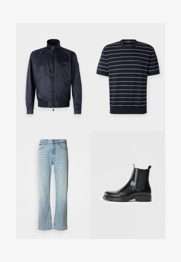 Veste bleu marine à fermeture éclair sur le devant, avec col haut, surface texturée, poignets et taille élastiques ; comprend des poches latérales et un détail de marque subtil.; Chemise en maille bleu marine à manches courtes avec des rayures horizontales blanches et un petit patch logo carré BOSS sur la poitrine gauche.; Jeans en denim bleu clair avec une coupe droite, dotés de cinq poches, d'une fermeture à bouton et d'une légère décoloration sur le tissu.; Bottes Chelsea en cuir noir avec des panneaux élastiques sur les côtés, une languette pour un enfilage facile et une semelle en caoutchouc robuste avec une adhérence texturée.