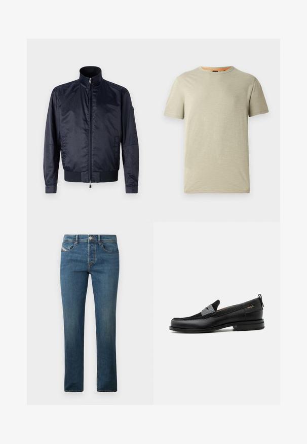 Marineblå, lynlåsfunktion jakke med høj krave, tekstureret overflade, elastiske manchetter og talje; inkluderer sidelommer og subtil brandingdetalje.; Lys grøn kortærmet t-shirt lavet af tekstureret stof. Har en rund halsudskæring og et lille præget "BOSS" logo på brystet.; Mørkeblå denim jeans med lige ben-design, fem lomme-stil og subtil falming. Har en metalknap og bæltestropper.; Sort læderloafer med grå remdetalje, lav hæl og tekstureret sål, mærket med "HUGO" i guld på siden.
