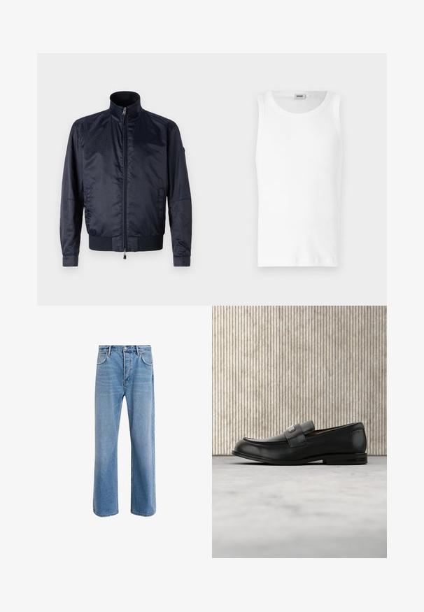Veste bleu marine à fermeture éclair sur le devant, avec col haut, surface texturée, poignets et taille élastiques ; comprend des poches latérales et un détail de marque subtil.; Débardeur en coton blanc sans manches avec un col rond et une texture lisse. Design simple, sans motifs ni accents.; Jeans en denim bleu clair avec une coupe droite, cinq poches, fermeture à bouton, peu d'usure et des détails de couture contrastés.; Mocassin en cuir noir avec une plaque de marque en métal reposant près d'une table ronde marron sur un sol recouvert de moquette beige.