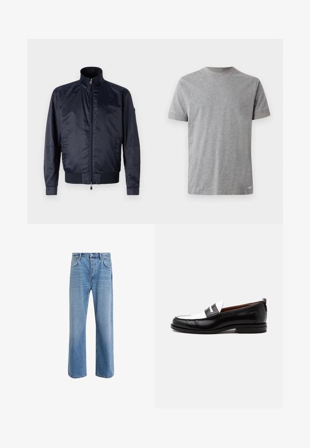 Marineblaue Jacke mit Reißverschluss vorne, hohem Kragen, strukturiertem Oberflächen, elastischen Bündchen und Saum; enthält Seitentaschen und dezente Branding-Details.; Graues T-Shirt mit kurzen Ärmeln aus weicher Baumwolle. Verfügt über einen runden Halsausschnitt mit kontrastierendem Besatz und einen geraden Saum am unteren Ende.; Helle blaue Jeans im Geradeschnitt-Design, mit fünf Taschen, Knopfverschluss, minimaler Ausbleichung und kontrastierenden Nähdetails.; Schwarz-weißer Lederloafer mit genähten Details, niedrigem Absatz und einem Slip-On-Design, seitlich auf neutralem Hintergrund gezeigt.