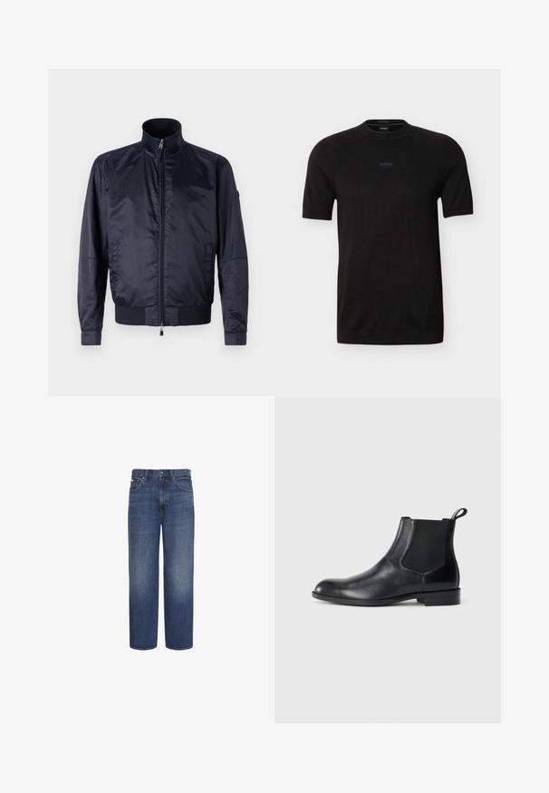 Marineblaue Jacke mit Reißverschluss vorne, hohem Kragen, strukturiertem Oberflächen, elastischen Bündchen und Saum; enthält Seitentaschen und dezente Branding-Details.; Schwarzes T-Shirt mit kurzen Ärmeln und Rundhalsausschnitt, mit dezentem "BOSS"-Logo in der Mitte der Brust, aus feinem Strickstoff gefertigt.; Blaue Jeans mit hohem Bund und geradem Bein, mit Frontknopf und Reißverschluss, Gürtelschlaufen sowie Vorder- und Rückentaschen.; Schwarze Leder-Stiefelette mit elastischen Seiteneinsätzen, abgerundeter Zehenpartie und einem Zugschlauf. Glatte Textur, flache Sohle, minimalistisches Design.