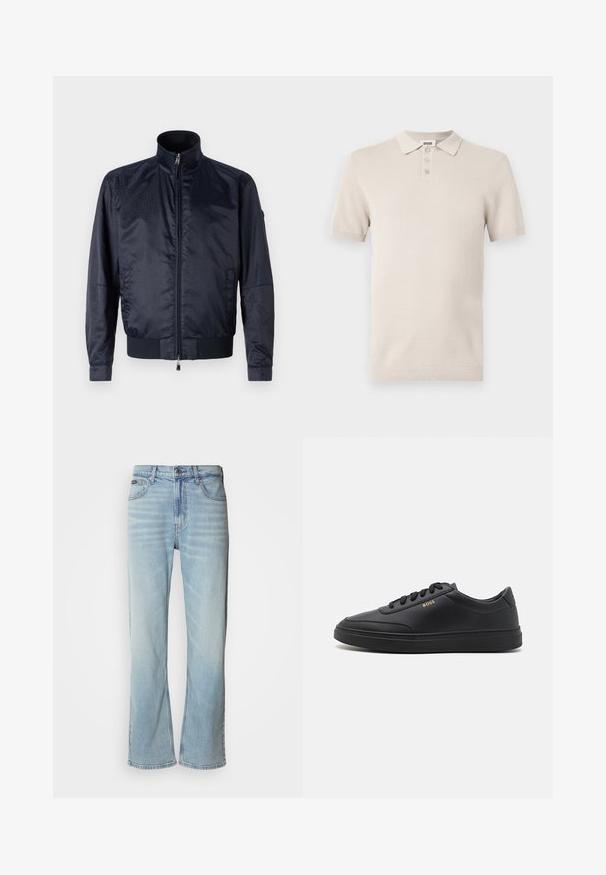 Marineblå, lynlåsfunktion jakke med høj krave, tekstureret overflade, elastiske manchetter og talje; inkluderer sidelommer og subtil brandingdetalje.; Kortærmet, lys beige polo-skjorte med tekstureret stof, tre-knap lukning og matchende ribbet krave og kant.; Lyseblå denimjeans med lige ben, der har fem lommer, knaplukning og en subtil falmning på stoffet.; Sorte lædersneakers med en glat overflade, rund tå, flad gummisål og tonede snørebånd. Udstyret med guld "BOSS" branding på siden.