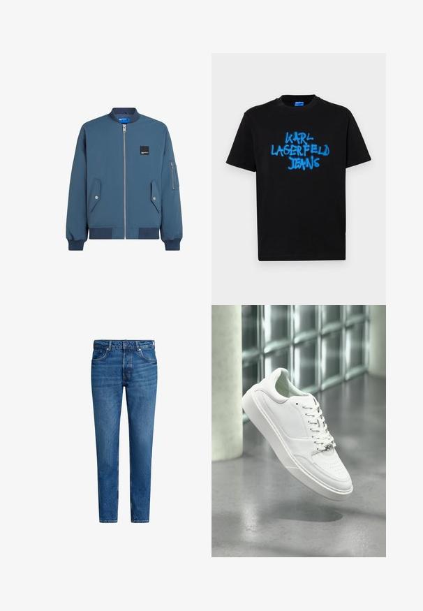 Blauwe bomberjack met een ritssluiting aan de voorkant, ribbelmanchetten en -zoom, twee zijzakken en een extra ritszak op de linker mouw.; Zwarte katoenen T-shirt met korte mouwen, voorzien van blauwe spuitverfde tekst "KARL LAGERFELD JEANS" op de voorkant in een gedurfde graffiti-stijl.; Blauwe denim jeans met een rechte pijp, voorzien van vijf zakken, een sluiting met een knoop aan de voorkant, en contrasterende oranje stiksels.; Witte leren sneaker met een afgeronde neus, vetersluiting aan de voorkant en een platte rubberen zool. Voorzien van geperforeerde details en een subtiel logo-accent.