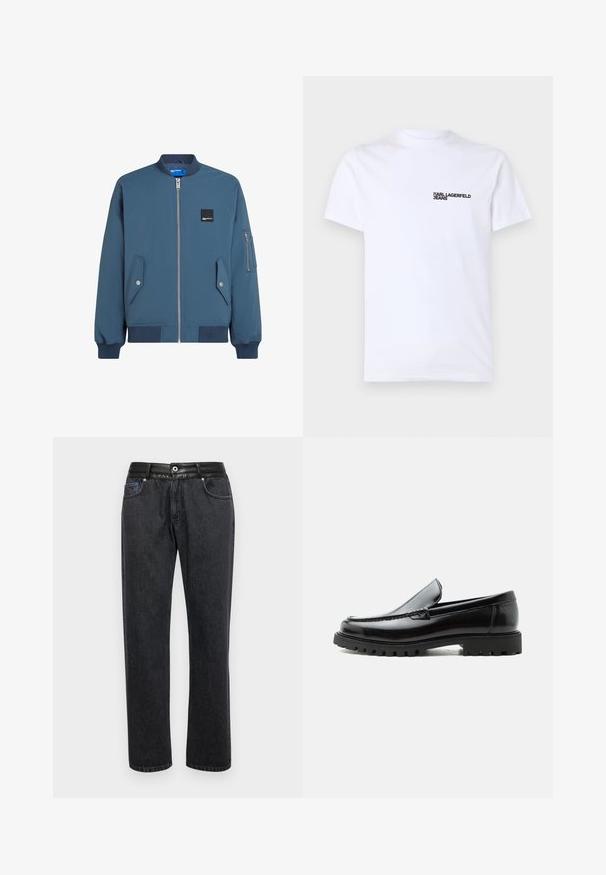 Blauwe bomberjack met een ritssluiting aan de voorkant, ribbelmanchetten en -zoom, twee zijzakken en een extra ritszak op de linker mouw.; Witte katoenen t-shirt met korte mouwen, een ronde halslijn en een zwart "KARL LAGERFELD JEANS" logo op de linkerkant van de borst.; Zwarte denim jeans met een rechte pasvorm, voorzien van een soepele leren tailleband, frontzakken en subtiele stikseldetails.; Zwarte leren loafer met dikke rubberen zool, gestikte bovenkant en gegraveerde merknaam op de hiel, zijaanzicht op witte achtergrond.