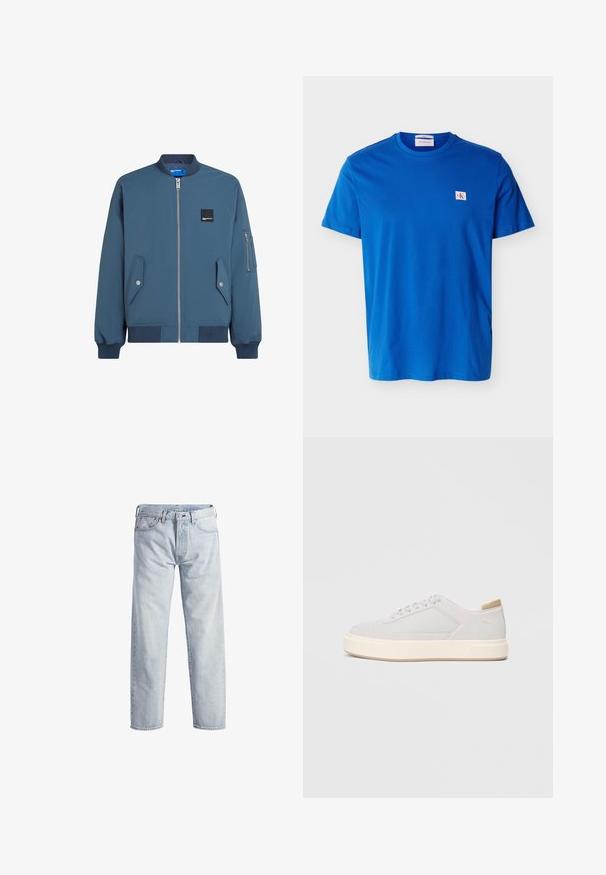 Blauwe bomberjack met een ritssluiting aan de voorkant, ribbelmanchetten en -zoom, twee zijzakken en een extra ritszak op de linker mouw.; Heldere blauw T-shirt met korte mouwen en ronde hals, met een klein wit en rood CK-logo op de linkerborst.; Lichtblauwe denim jeans met een rechtstaand ontwerp, knopenfly, vijf zakken en een subtiele vervaagde textuur. Voorzien van metalen hardware accenten.; Lichtgrijze sneakers met een glad synthetisch bovenwerk, ronde neus en een gestructureerde crème tussenzool. Lichte tan accenten op de hak.