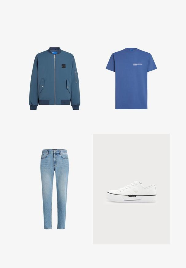 Blaues Bomberjackett mit Reißverschluss vorne, gerippten Bündchen und Saum, zwei Seitentaschen und einer zusätzlichen Reißverschlusstasche am linken Ärmel.; Blaues Baumwoll-T-Shirt mit Rundhalsausschnitt, kurzen Ärmeln und einem weißen "KARL LAGERFELD JEANS" Logo auf der linken Brustseite.; Hellblaue Denim-Jeans mit einem lässigen Schnitt, Fünf-Taschen-Design und dezenten Abnutzungserscheinungen. Mit einem Markenpatch nahe der Taille.; Weißer Sneaker mit niedrigem Schaft, dicker Sohle, vorne Schnürung, schwarzem Streifendetail und Karl Lagerfeld Logo an der Seite und Fersenlasche.