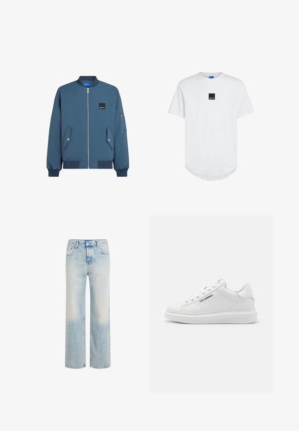 Blauwe bomberjack met een ritssluiting aan de voorkant, ribbelmanchetten en -zoom, twee zijzakken en een extra ritszak op de linker mouw.; Wit T-shirt met korte mouwen, voorzien van een afgeronde zoom en een klein zwart vierkant logo op de voorkant. Gemaakt van zacht katoen.; Lichtblauwe jeans met rechte pijpen, een vervaagde wassing, knoop- en ritssluiting aan de voorkant, en een ontwerp met vijf zakken.; Witte sneaker van glad leer met een reliëfpatroon. Heeft een ronde neus, vetersluiting aan de voorkant, en een textuurzool. Zilveren logo detail aan de zijkant.