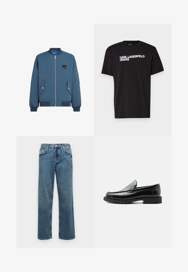 Blaues Bomberjackett mit Reißverschluss vorne, gerippten Bündchen und Saum, zwei Seitentaschen und einer zusätzlichen Reißverschlusstasche am linken Ärmel.; Schwarzes Baumwoll-T-Shirt mit kurzen Ärmeln und rundem Halsausschnitt, mit weißem Text "KARL LAGERFELD JEANS" diagonal über die Vorderseite.; Blaue Jeans aus Denim mit geradem Schnitt, ausgestattet mit fünf Taschen, einem Knopf- und Reißverschluss sowie sichtbaren Nähten.; Schwarzer Lederloafer mit grober Gummisohle, genähter Oberseite und geprägtem Markennamen an der Ferse, seitlich auf weißem Hintergrund gezeigt.