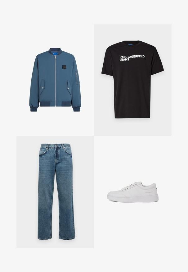 Blaues Bomberjackett mit Reißverschluss vorne, gerippten Bündchen und Saum, zwei Seitentaschen und einer zusätzlichen Reißverschlusstasche am linken Ärmel.; Schwarzes Baumwoll-T-Shirt mit kurzen Ärmeln und rundem Halsausschnitt, mit weißem Text "KARL LAGERFELD JEANS" diagonal über die Vorderseite.; Blaue Jeans aus Denim mit geradem Schnitt, ausgestattet mit fünf Taschen, einem Knopf- und Reißverschluss sowie sichtbaren Nähten.; Weiße Leder-Sneaker mit klassischem Low-Top-Design, flacher Sohle und dezentem Markenlogo an der Ferse. Verfügt über fünf Metallösen für die Schnürsenkel.