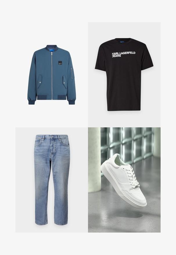 Blaues Bomberjackett mit Reißverschluss vorne, gerippten Bündchen und Saum, zwei Seitentaschen und einer zusätzlichen Reißverschlusstasche am linken Ärmel.; Schwarzes Baumwoll-T-Shirt mit kurzen Ärmeln und rundem Halsausschnitt, mit weißem Text "KARL LAGERFELD JEANS" diagonal über die Vorderseite.; Helle blaue Jeans mit geradem Schnitt, fünf Taschen, sichtbaren Nähten und einem Knopfverschluss an der Taille.; Weißer Ledersneaker mit abgerundeter Spitze, Schnürverschluss und flacher Gummisohle. Verfügt über perforierte Details und dezentes Logo-Akzent.