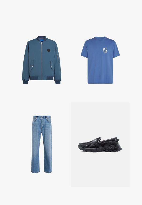 Blå bomberjakke med lynlås foran, ribbede manchetter og kant, to sidelommer og en ekstra lynlåslomme på venstre ærme.; Blå bomulds-T-shirt med rund hals, korte ærmer og et hvidt grafisk logo på venstre bryst. Glat tekstur, afslappet pasform.; Lyseblå denim jeans med lige ben-design, fem lommer, knaplukning, minimal falming og kontraststingdetaljer.; Sort slip-on sneaker med tyk tekstureret sål og meshpaneler, designet til afslappet og atletisk brug.
