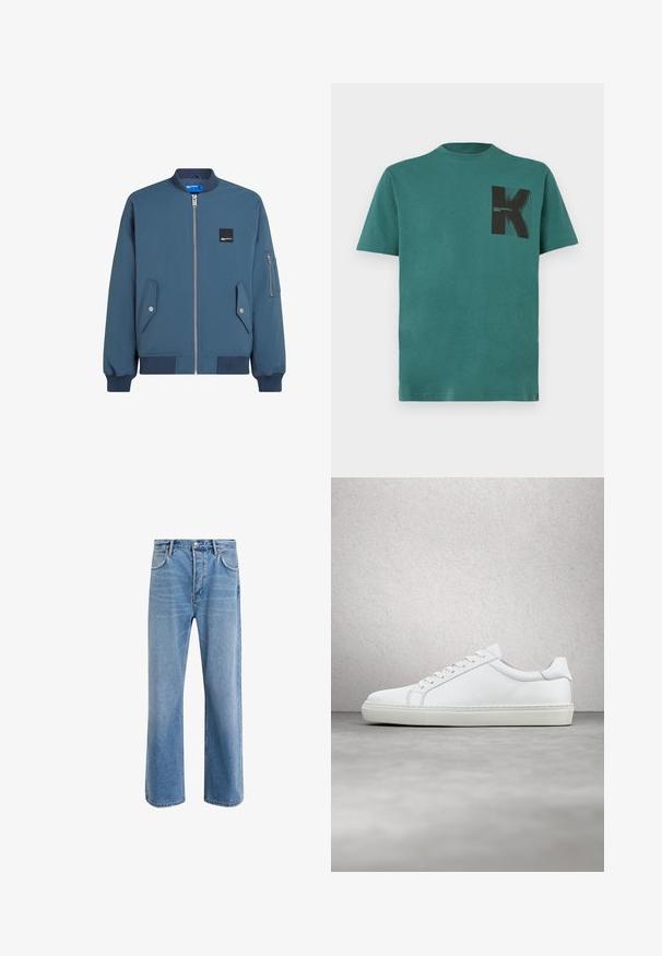 Blaues Bomberjackett mit Reißverschluss vorne, gerippten Bündchen und Saum, zwei Seitentaschen und einer zusätzlichen Reißverschlusstasche am linken Ärmel.; Teal Baumwoll-T-Shirt mit Rundhalsausschnitt und kurzen Ärmeln. Verfügt über einen schwarzen Grafikdruck eines "K" auf der linken Brustseite.; Helle blaue Jeans im Geradeschnitt-Design, mit fünf Taschen, Knopfverschluss, minimaler Ausbleichung und kontrastierenden Nähdetails.; Weißer Sneaker mit glattem Lederobermaterial und niedrigem Profil. Verfügt über eine runde Zehenpartie, sechs Ösen und eine strukturierte Gummisohle.