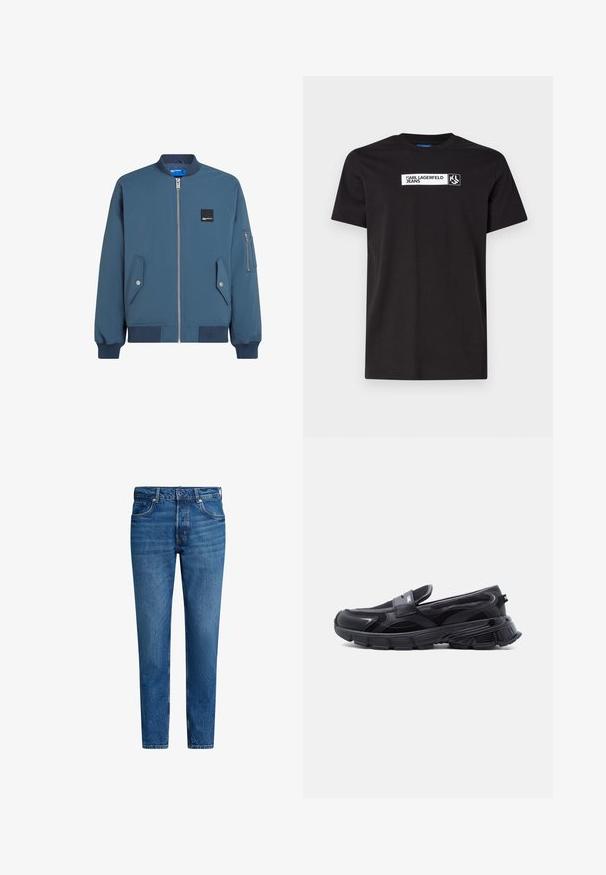 Blaues Bomberjackett mit Reißverschluss vorne, gerippten Bündchen und Saum, zwei Seitentaschen und einer zusätzlichen Reißverschlusstasche am linken Ärmel.; Schwarzes Baumwoll-T-Shirt mit kurzen Ärmeln, das ein weißes Textgrafik-Label mit der Aufschrift "KARL LAGERFELD JEANS" und ein Logo aufweist, Rundhalsausschnitt.; Blaue Jeans mit geradem Bein, ausgestattet mit fünf Taschen, einem vorderen Knopfverschluss und kontrastierender oranger Naht.; Schwarzer Slip-On-Sneaker mit dicker, strukturierter Sohle und Mesh-Einsätzen, entworfen für Freizeit- und Sportkleidung.