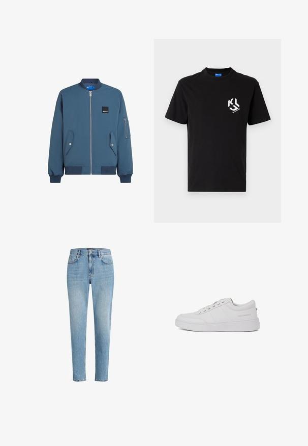 Blaues Bomberjackett mit Reißverschluss vorne, gerippten Bündchen und Saum, zwei Seitentaschen und einer zusätzlichen Reißverschlusstasche am linken Ärmel.; Schwarzes Baumwoll-T-Shirt mit einem weißen Grafikdesign auf der linken Brustseite. Rundhalsausschnitt, kurze Ärmel und klassischer Schnitt.; Hellblaue Denim-Jeans mit einem lässigen Schnitt, Fünf-Taschen-Design und dezenten Abnutzungserscheinungen. Mit einem Markenpatch nahe der Taille.; Weiße Leder-Sneaker mit klassischem Low-Top-Design, flacher Sohle und dezentem Markenlogo an der Ferse. Verfügt über fünf Metallösen für die Schnürsenkel.