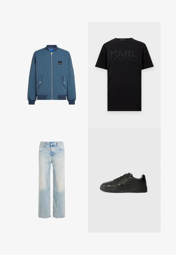 Blaues Bomberjackett mit Reißverschluss vorne, gerippten Bündchen und Saum, zwei Seitentaschen und einer zusätzlichen Reißverschlusstasche am linken Ärmel.; Schwarzes T-Shirt mit kurzen Ärmeln und Rundhalsausschnitt, mit erhabenem, geprägtem "KARL LAGERFELD"-Logo auf der Brust.; Hellblaue Jeans mit geradem Bein, verwaschenem Look, Vorderknopf- und Reißverschluss sowie Fünf-Taschen-Design.; Schwarze Low-Top-Sneaker mit strukturierten Paneelen, Schnürverschluss, Gummisohle und "KARL"-Branding an der Seite und am Fersenteil.