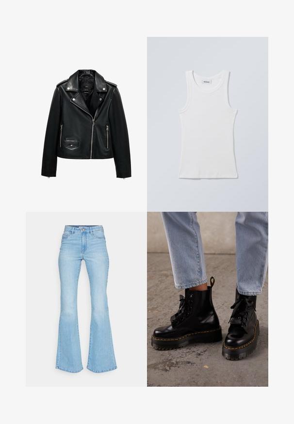 Sort lædermotorcykeljakke med lynlåslukning, trykknapper, struktureret overflade, skulderstropper og sidelommer.; Hvid bomulds tanktop med rund halsudskæring og brede skulderstropper. Har ribstrikket tekstur og lige kant forneden. Mærke vist ved halsudskæringen.; Lyseblå denim flare jeans med høj talje, forlommer og en pæn finish på kanterne med synlige sømme.; Person iført lyseblå jeans og sorte læder platformssnørestøvler med gul syning på en beton gulv.