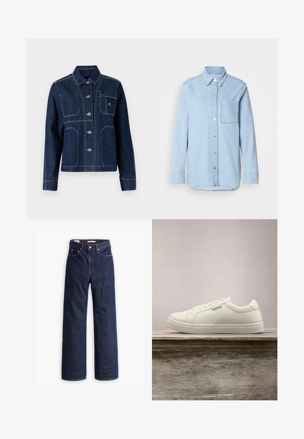 Dunkelblaues Jeansjackett mit klassischem Kragen, Knopfverschluss und silberner Hardware. Verfügt über zwei Brusttaschen und kontrastierende weiße Nähte.; Himmelblaues Denim-Hemd mit Knopfverschluss, spitzem Kragen, einer Brusttasche und langen Ärmeln mit knöpfbaren Manschetten.; Dunkelblaue gerade geschnittene Denim-Jeans mit fünf Taschen, orangefarbenen Nähten und einem Knopfverschluss.; Weißer Leder-Sneaker mit Schnürsenkeln schwebt über einer hölzernen Bank, im Hintergrund ist das grüne hohe Gras unscharf zu sehen.