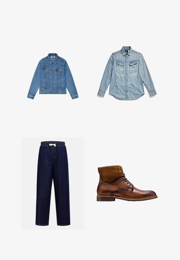 Denimjacke mit einer hellblauen Waschung, klassischem Schnitt, spitzem Kragen, goldenem Knopfverschluss und zwei Brusttaschen mit dekorativen Nähten.; Helles blaues Denim-Hemd mit langen Ärmeln, Knopf-Frontverschluss, zwei Brusttaschen und klassischem Kragen. Weiche Textur mit lässigem Design.; Dunkelblaue Denim-Jogginghose mit elastischem Bund, Kordelzugverschluss und Seitentaschen, ausgestattet mit Kontrastnähten.; Kazar ALID - Schnürstiefelette - brown