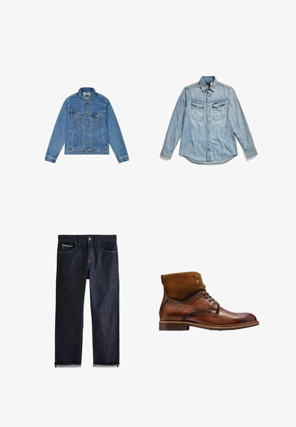 Denimjacke mit einer hellblauen Waschung, klassischem Schnitt, spitzem Kragen, goldenem Knopfverschluss und zwei Brusttaschen mit dekorativen Nähten.; Helles blaues Denim-Hemd mit langen Ärmeln, Knopf-Frontverschluss, zwei Brusttaschen und klassischem Kragen. Weiche Textur mit lässigem Design.; Dunkelblaue Jeans aus Denim mit klassischem geradem Schnitt, fünf Taschen, Knopfverschluss und umgeschlagenen Bündchen, die eine hellblaue Innenseite zeigen.; Kazar ALID - Schnürstiefelette - brown