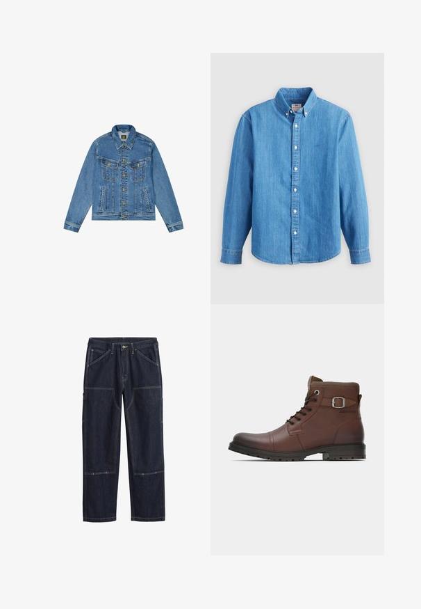Denim jacket met een lichtblauwe wassing, klassieke snit, gespitse kraag, gouden knoopsluiting en twee borstzakken met decoratieve naden.; Lichtblauw denim overhemd met lange mouwen, button-down kraag en witte knopen. Heeft een klein geborduurd logo op de borst.; Donkerblauwe spijkerbroek met dubbele stiksels, een knoop aan de voorkant, riemlussen en meerdere versterkte opgestikte zakken op de benen.; Bruine leren veterschoen tot de enkel met gespsluiting en stevige zwarte zool, zijaanzicht op witte achtergrond.