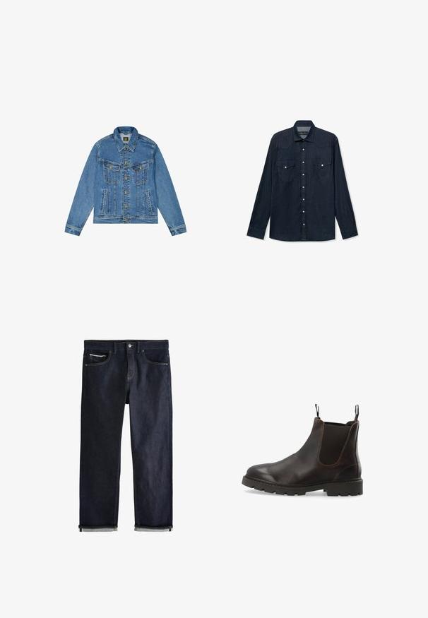 Denimjacke mit einer hellblauen Waschung, klassischem Schnitt, spitzem Kragen, goldenem Knopfverschluss und zwei Brusttaschen mit dekorativen Nähten.; Dunkelblaues Jeanshemd mit langen Ärmeln, Knopfleiste, zwei aufgesetzten Brusttaschen mit Knöpfen und klassischem Kragen.; Dunkelblaue Jeans aus Denim mit umgeschlagenen Bündchen, Knopf- und Reißverschluss, Vorder- und Münztaschen und kontrastierenden Nähten vor weißem Hintergrund.; Dunkelbrauner Chelsea-Stiefel aus Leder mit elastischen Seitenpanelen, Zuglaschen vorne und hinten sowie dicker profilierter Gummisohle.